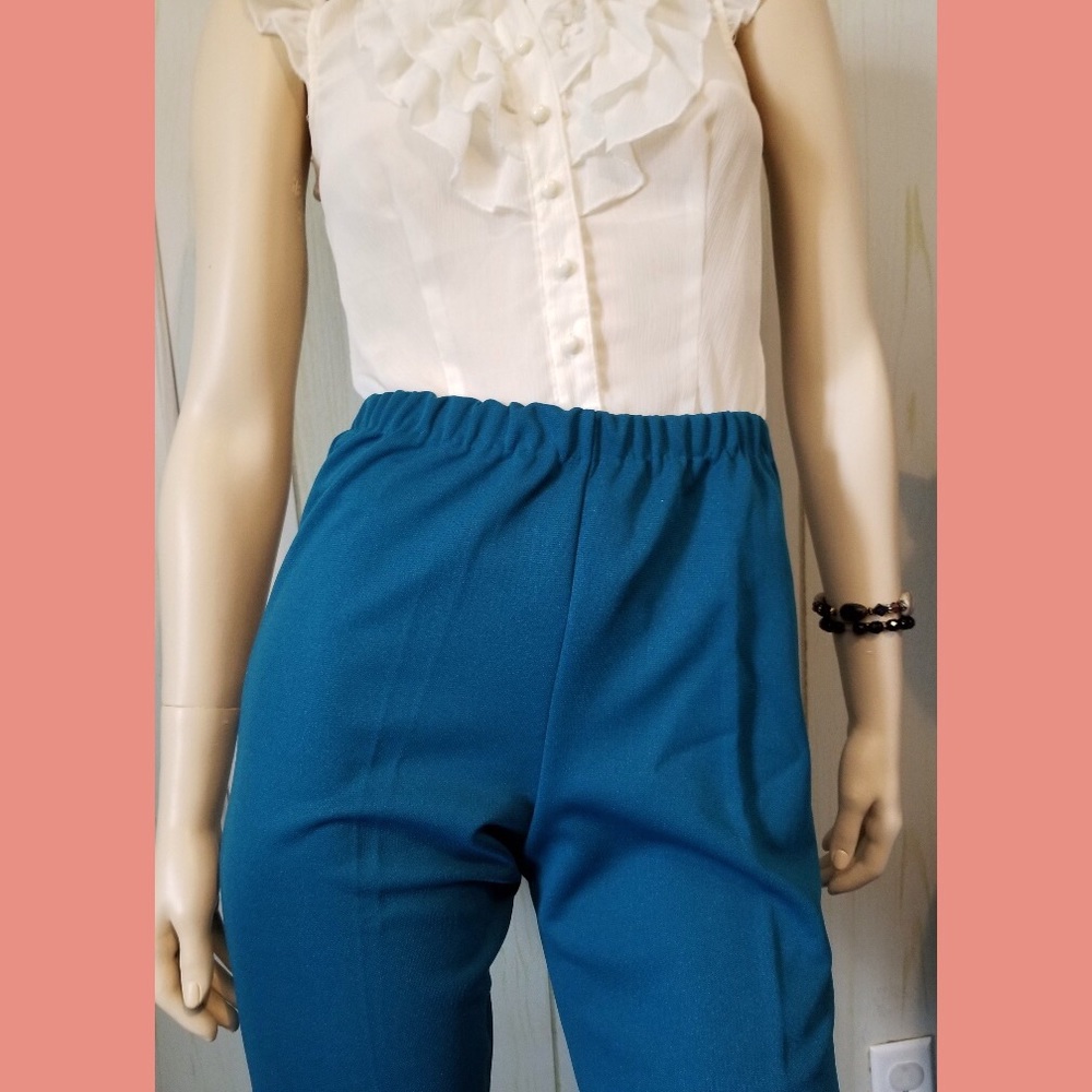 Vintage 80s High Waisted Teal Blue Polyester Pants